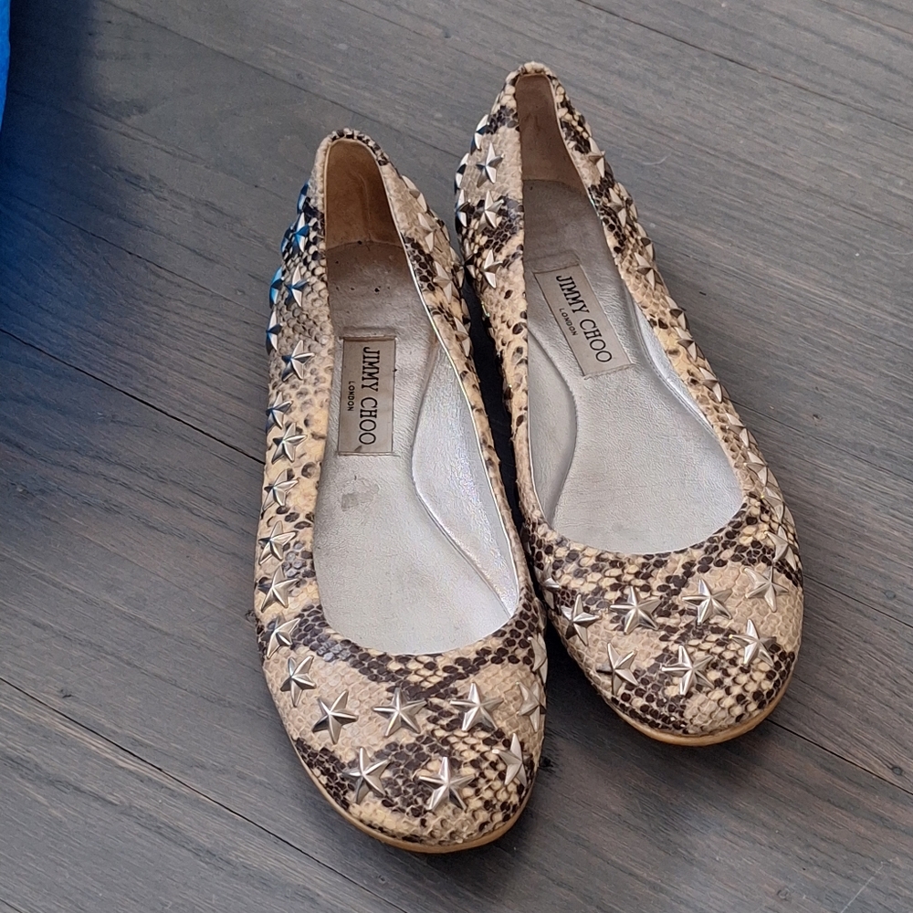 Jimmy Choo Python Flats With Silver Star Grommets… - image 1
